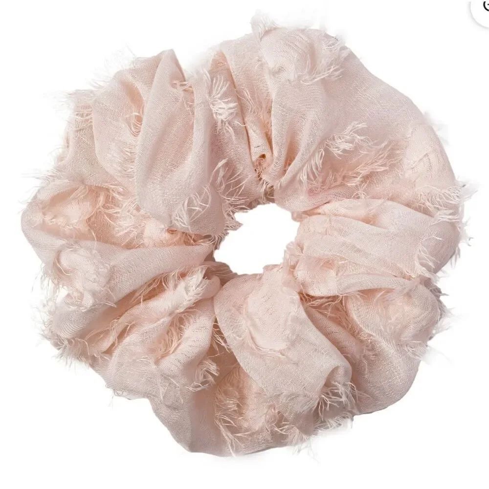 Heritage By Mindy Take Me To The Beach Pink Boho Raw Edge Linen Hair Scrunchie